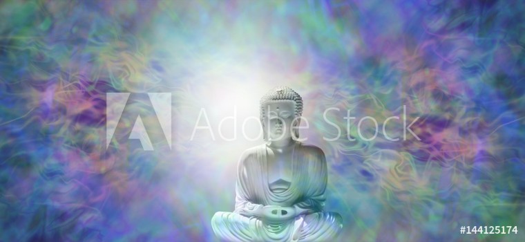 Picture of Pure Enlightenment Buddha Banner - Buddha in meditative lotus position with white light behind head on a beautiful multicolored energy field background and plenty of copy space 